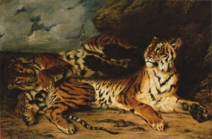 a-young-tiger-playing-with-its-mother delacroix